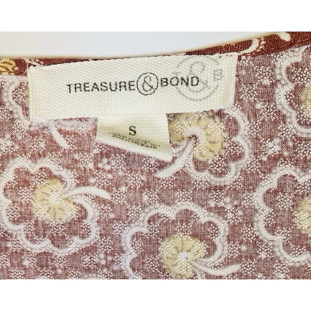 Treasure & Bond Floral Split Neck Rust Pullover Long Sleeve Top Blouse Small - Picture 7 of 8